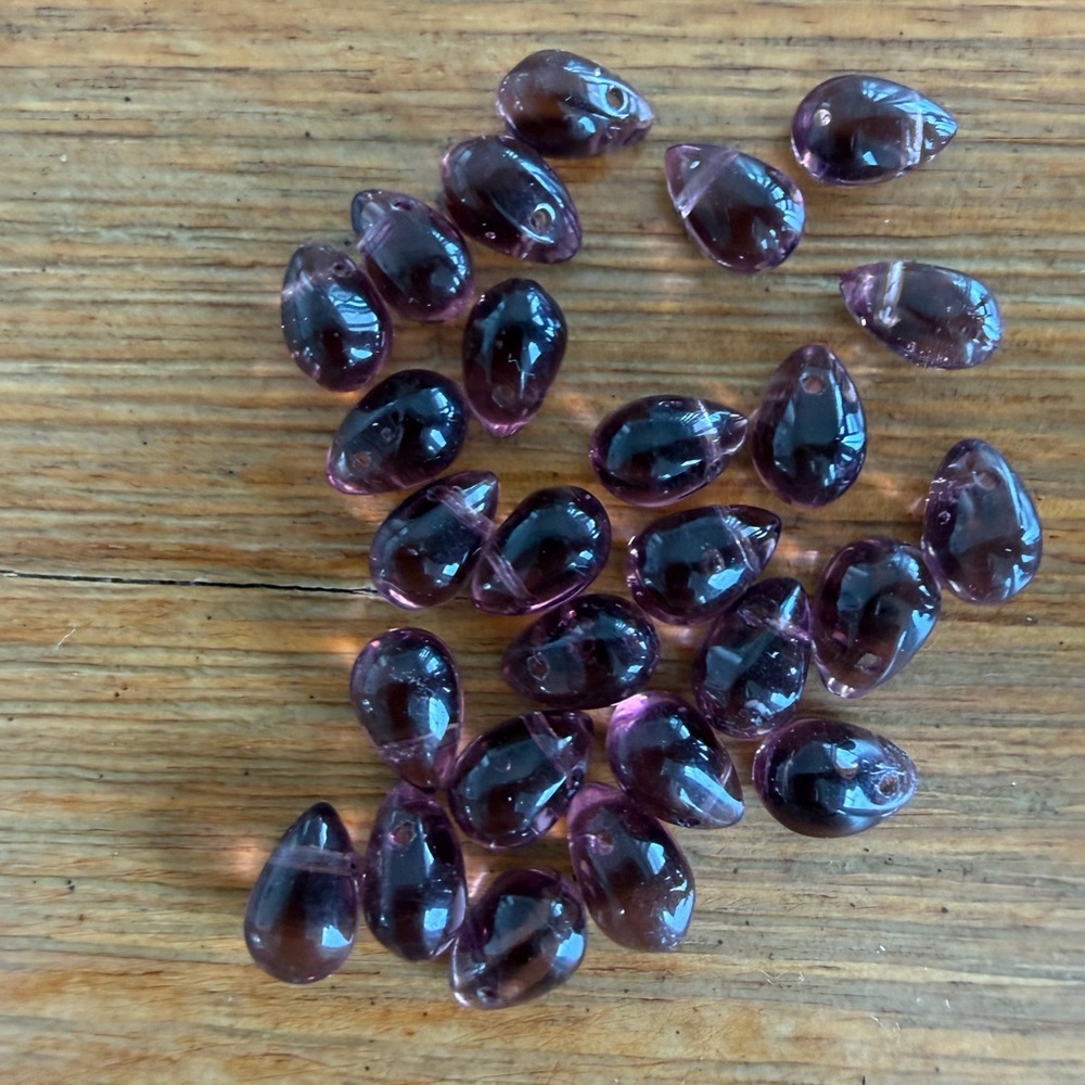 25 Purple Teardrop Pressed Glass Beads 9x5mm for Jewelry Craft Making